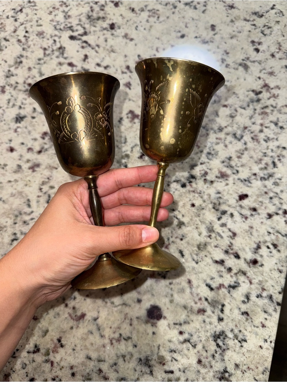 Vintage Brass Etched Goblet Pair - Brass Home Accent